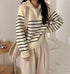 Heavy Knitted Collar Zip Stripes Pullover
